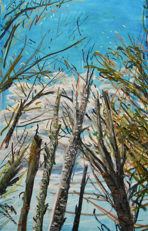 An oil pastel drawing in sharp strokes of gray and brown tree trunks from below, with greenery coming in from the right. A bright blue sky with fluffy white clouds occupies the background.